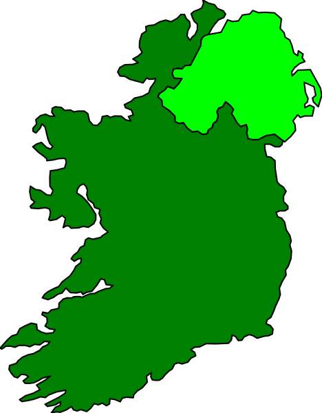 The map shows Ireland with two shades of green highlighting different regions; it is a simple cartographic representation without any additional details like cities or landmarks.