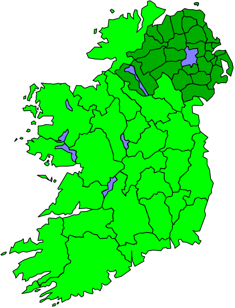 The map shows Ireland with a color code indicating different levels of flooding risk: green for low to moderate flood risk, purple for high flood risk, blue for areas at significant risk from coastal storm surges, yellow and orange for severe weather events such as hurricanes or tornadoes, red for extreme heatwaves, white for cold waves.