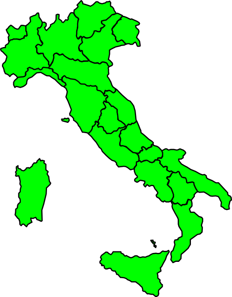 The map shows a stylized representation of Italy with green regions indicating areas that have been affected by an event such as flooding or disaster relief efforts.