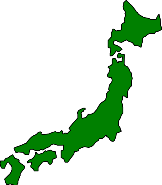 The map shows a stylized representation of Japan with its islands colored green against a black background.