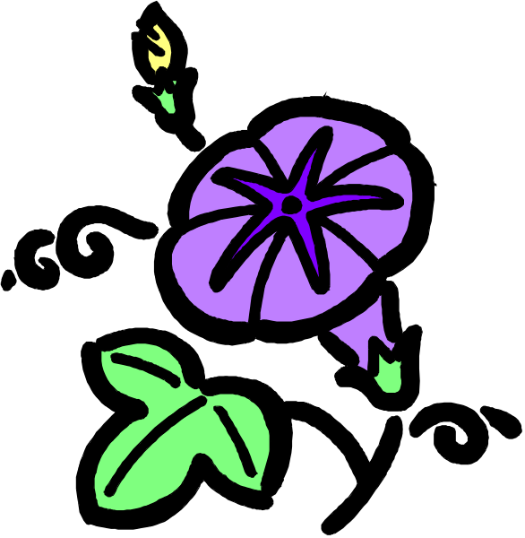 The image shows a cartoon of two purple flowers with green leaves next to each other on what appears to be black background; there is also an orange flower in front of them at bottom right corner.