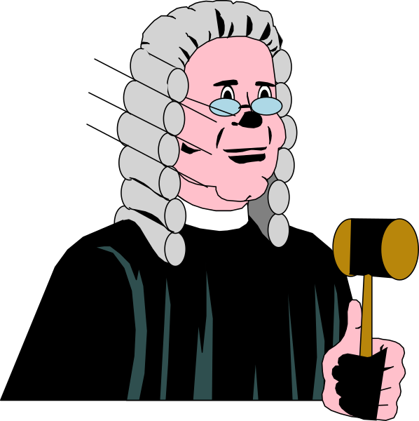 The image shows a cartoon of an older man with glasses wearing a wig who is holding up his finger as if to make a point during what appears to be a courtroom proceeding; he has a gavel in one hand and holds out another, possibly indicating that it's time for the jury or judge to speak.