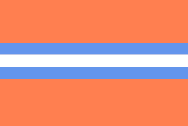 The image shows a red banner with white stripes on either side of it against an orange background.