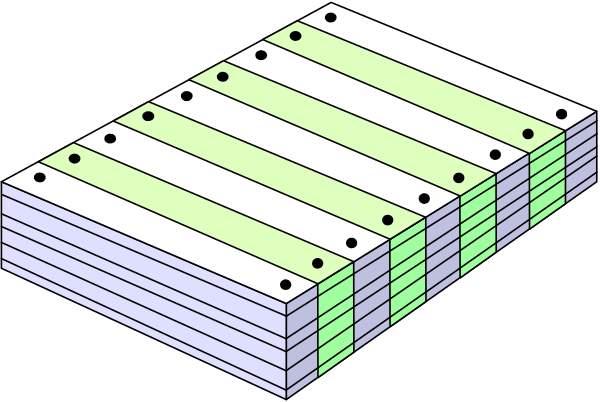 The image shows a diagram of an object with multiple layers that resembles a pallet structure; it is composed of rectangular shapes in shades of yellow, green, blue, red, white, black, and gray on what appears to be a transparent background or surface.