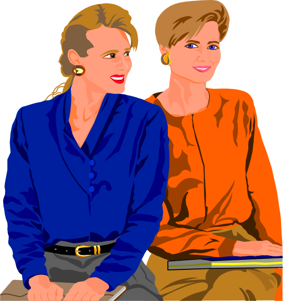 The image shows two women sitting on a bench with their hands resting together; both have blonde hair styled into bangs that fall over one eye each. They wear matching outfits consisting of blue tops paired with orange pants, and dark belts cinch at their waists.