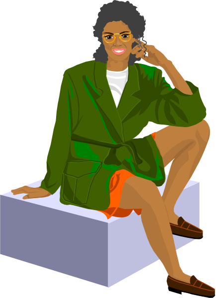 The illustration shows a woman sitting on an object with her legs crossed over it; she is wearing sunglasses and has dark hair styled in waves. She's dressed casually in what appears to be a green jacket, white shirt, red shorts, and black shoes or sandals. Her pose suggests relaxation or contemplation. The background of the image features an abstract design with geometric shapes that do not provide specific details about location but give it a modern feel.