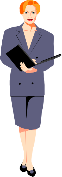 The illustration features a woman dressed as an executive standing next to another figure that appears to be male with dark hair; both figures hold books in their hands while looking forward.