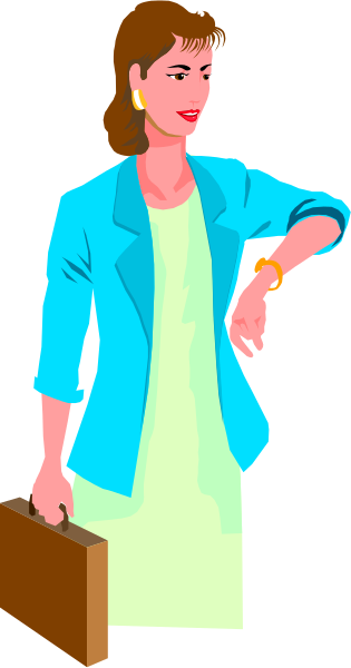 The image shows a woman standing with her hands on hips against a black background; she is wearing an aqua blue blazer over a striped shirt, has short hair styled in bangs, wears gold earrings and bracelets, carries a briefcase under one arm, holds what appears to be a pen or pencil in the other hand.