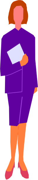 The image shows a woman standing against a gray background; she's wearing purple clothing with red shoes, holding what appears to be an envelope in her right hand while looking down at it.