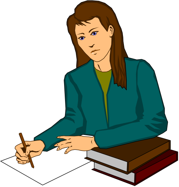 The illustration shows a woman sitting at her desk with an open book before her; she is writing on paper using ink pen while looking downward to write.