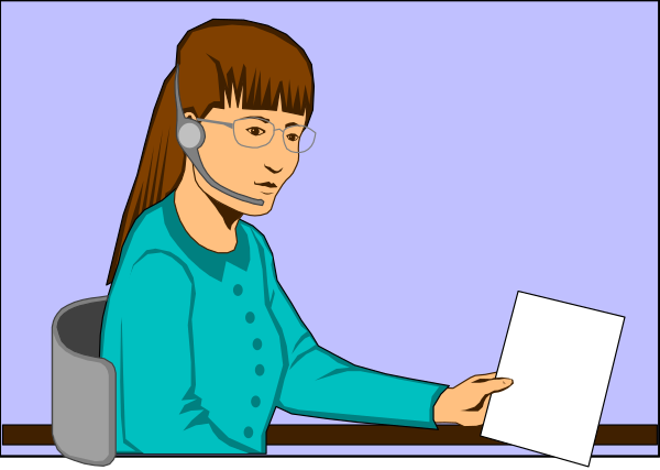 The cartoon shows a woman sitting at an office desk with papers on it; she is wearing headphones around her neck while looking downward towards them.