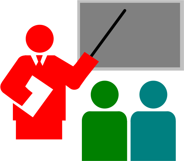 The image shows a cartoon of an educator teaching students with visual aid tools like chalkboard and pointer while standing in front of them at a podium; there's also a red book on display, possibly indicating some form of reference material for instruction or learning purposes.