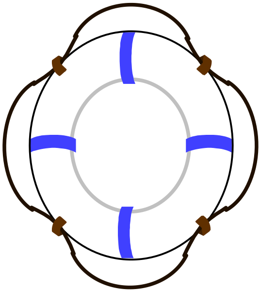 The image shows a lifebuoy with blue stripes on its sides inside an oval frame that has white borders at both ends of each side except for one end which is missing; this creates a sense of incompleteness, as if something important or necessary to complete it isn't present.