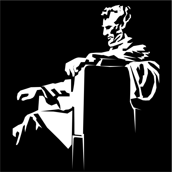 The black and white silhouette of a man sitting on an object that resembles a chair with his hand to chin in contemplation against a dark background.