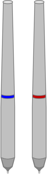 The image shows two missiles with red tips standing upright against a gray background on either side of another object that appears to be an electronic device in blue color.