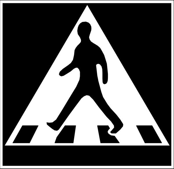 The black and white silhouette of a person walking on a pedestrian crossing sign with an arrow pointing to it from above.