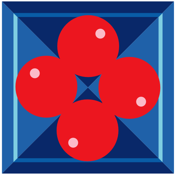 The image shows a blue background with three red circles arranged symmetrically at each corner of an invisible square frame.