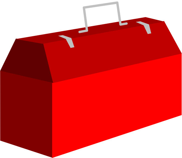 The image shows a red toolbox with two handles on top of it against a black background.