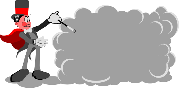 The cartoon shows two characters: a man with an exaggeratedly large head wearing glasses who is blowing smoke from his mouth into clouds that resemble a brainstorming session; next to him stands another character, also in black and white but smaller than the first one, holding what appears to be a magic wand or staff.