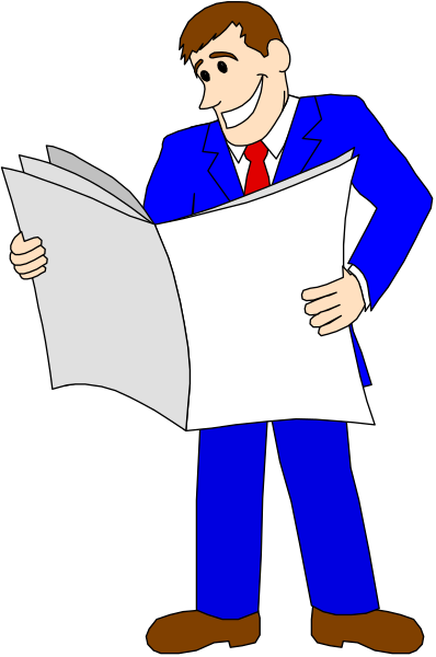 The cartoon depicts a man dressed as an adult male wearing blue suit with white shirt holding newspaper pages open to show headlines about "Trump" in his hands while standing next to a newsstand displaying newspapers and magazines, all set against a gray background.