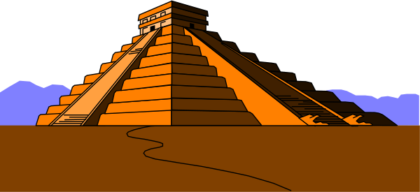 The image shows a pyramid with steps leading up to it against an evening sky background.