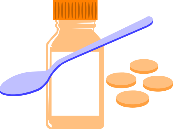 The image shows a bottle of pills with an orange cap next to it on what appears to be a black surface; there is also a spoon resting in front of the pill container.