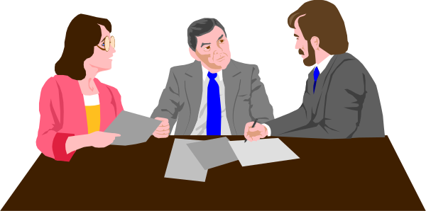 The image shows three animated characters sitting around a table with papers on it; two of them appear to be engaged in conversation while one is looking at something off-camera.