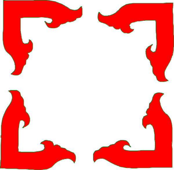The image shows a black silhouette of an intricate geometric pattern with symmetrical designs resembling stylized animal heads at each corner on what appears to be a square background.