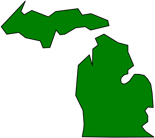 The image shows a map of Michigan with green areas indicating water bodies like lakes and rivers.