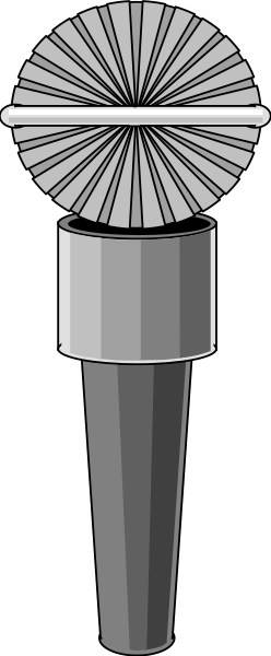 The black and white illustration shows a microphone with its stand on top of it against a checkered background.