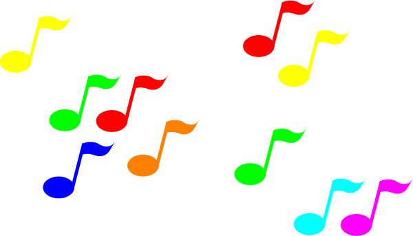 The image shows a colorful musical note staff with notes of different sizes on it against a black background.