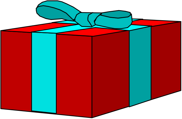 The image shows a red gift box with blue ribbon on top of it against a gray background.