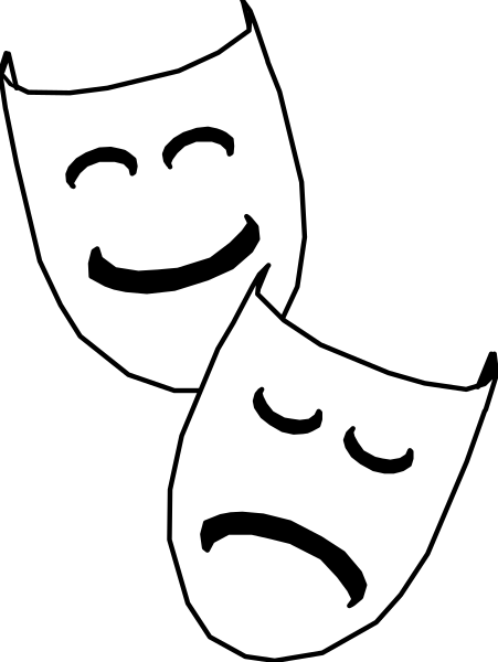 The black and white silhouette of a theater mask with two faces on it against an unseen background.