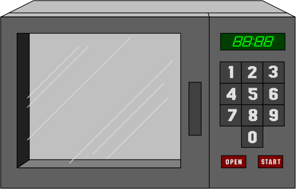 The image shows a digital microwave with its door open displaying "8:05" on an illuminated screen above buttons labeled 1 through 9 in ascending order of numbers from left to right, and below them is another row showing digits ranging from zero to nine horizontally. To the bottom-right corner there's a keypad with numbered keys corresponding to those displayed atop it; on this panel are also buttons for "start" (with an arrow pointing upwards) and "stop." The microwave is set against what appears to