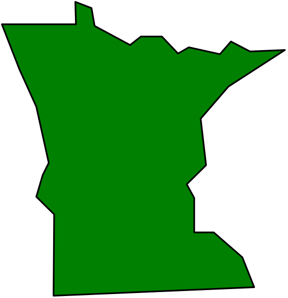 The image shows a stylized map of Minnesota with two distinct areas highlighted: Minneapolis is green while St Paul has been cut out to be black in color.
