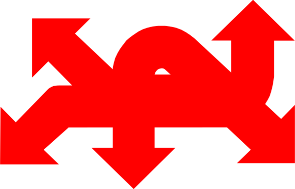 The image shows a red arrow pointing to an upside down cross with two arrows on either side of it forming another X shape in black against a white background.
