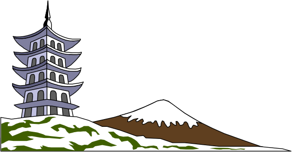 The image shows a traditional Japanese temple with two towers on either side of it against an Asian landscape background featuring mountains under what appears to be night sky conditions.