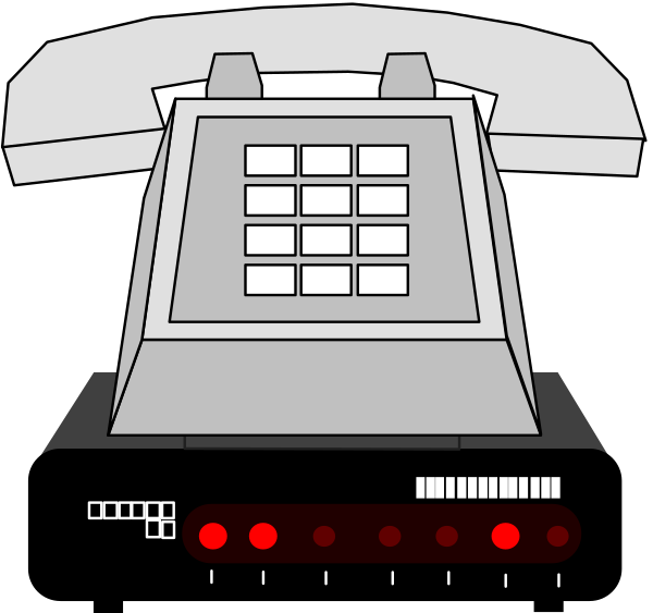 The black and white illustration shows a telephone with buttons on it next to an old computer monitor displaying red lights against a dark background.