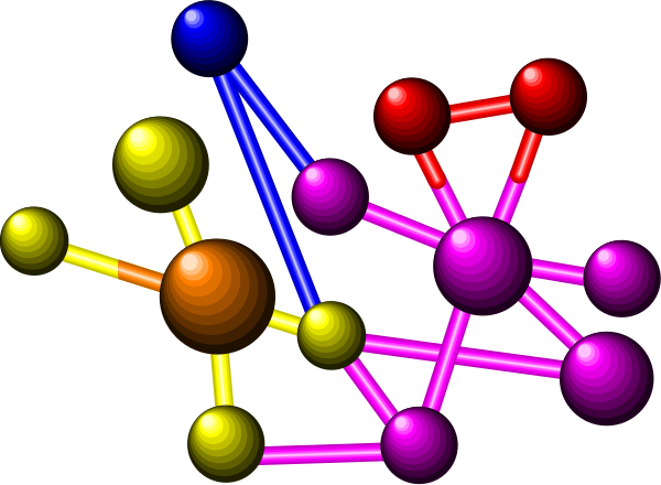 The image shows a colorful molecular structure with various atoms connected by bonds to form molecules against a black background.