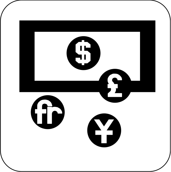 The black and white picture shows a collection of various currency symbols including dollars, pounds sterling, euros, yen, Chinese Yuan Renminbi (CNY), Indian Rupee (INR) and Bitcoin symbol with text "BTC" in different sizes scattered across the image without any specific arrangement or setting.