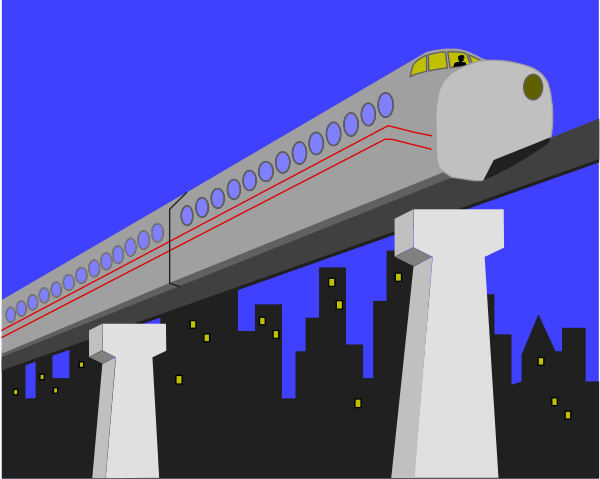 The image shows a cartoon depiction of an airplane flying over a cityscape with buildings on either side under what appears to be nighttime conditions.
