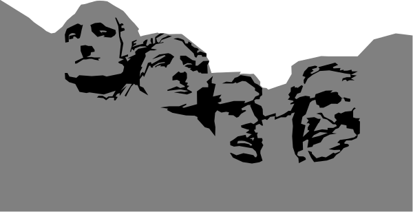 The black and white silhouette of four presidential busts on a wall with an American flag motif at bottom right corner.