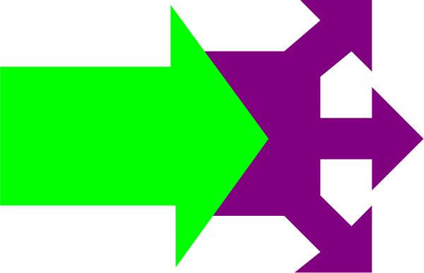 The image shows a purple arrow pointing to its right with an abstract green shape on top of it against a gray background.