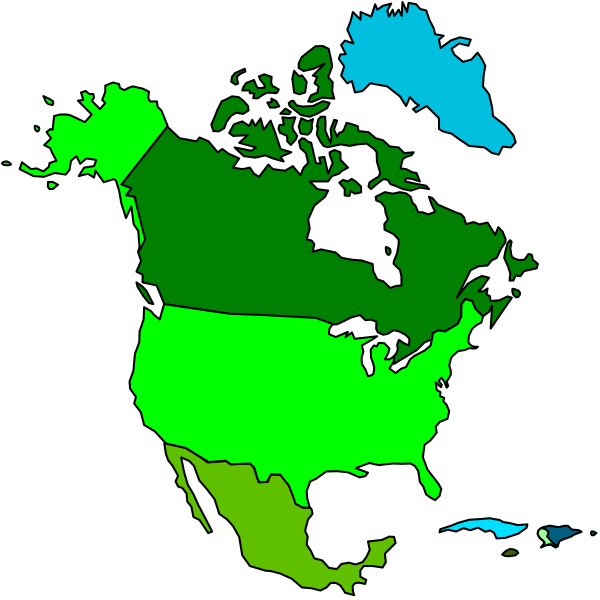 The map shows a stylized representation of North America with Canada highlighted by green coloring on top half, United States in white below it, Alaska is visible at far northwest corner as well as Hawaii near bottom right and Mexico to its south.