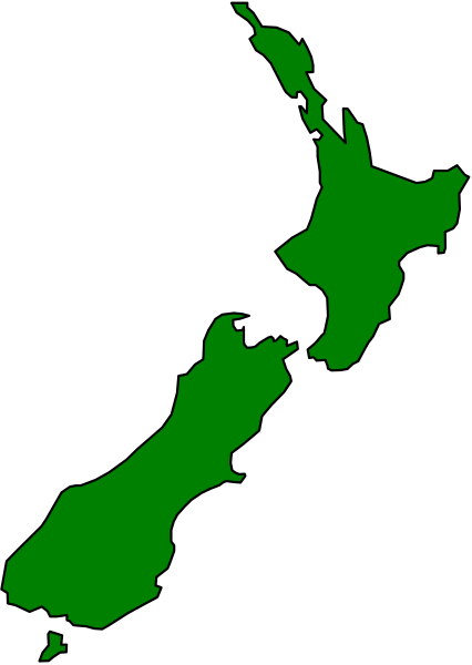 The image shows a stylized map of New Zealand with green markers indicating locations within its borders against a black background.