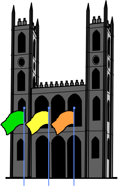 The image shows a black and white photo of an old church with three stained glass windows on its front facade.