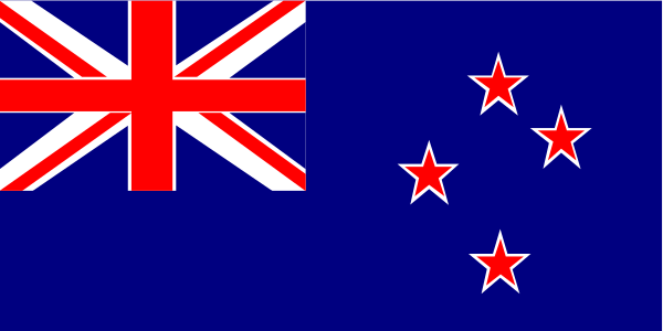 The flag of New Zealand with a red cross on it flying above another smaller British flag.