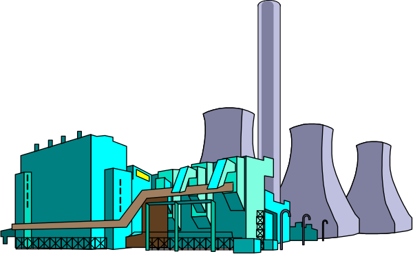The image shows a factory with smokestacks at nighttime under dark skies.