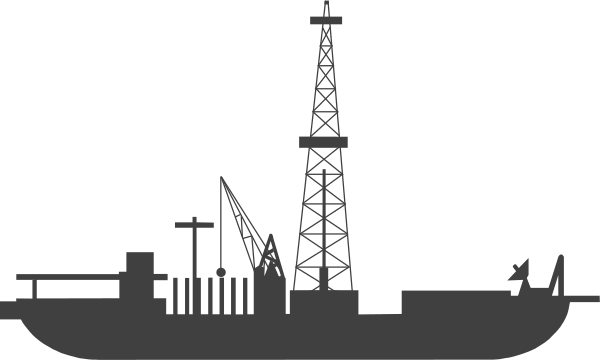 The black and white illustration depicts a ship with an oil rig on it floating near land where there is construction activity visible in silhouette form against a dark background.