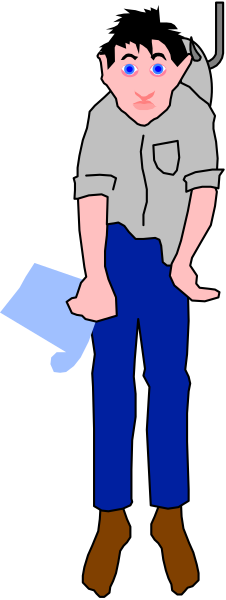The image shows a cartoon of an adult male character with blue eyes standing against a black background; he is wearing jeans and holding what appears to be papers in his hands while looking down at them.